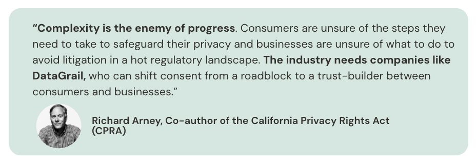 Richard Arney quote | DataGrail “Complexity is the enemy of progress. Consumers are unsure of the steps they need to take to safeguard their privacy and businesses are unsure of what to do to avoid litigation in a hot regulatory landscape. The industry needs companies like DataGrail, who can shift consent from a roadblock to a trust-builder between consumers and businesses.” Richard Arney, Co-author of the California Privacy Rights Act (CPRA)