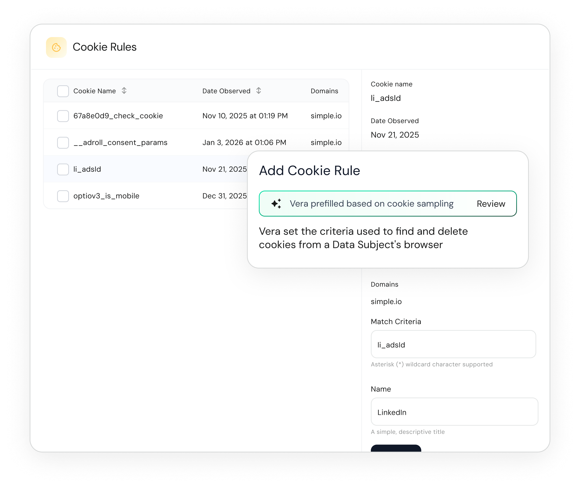 Cookie Rule | DataGrail Vera cookie rule