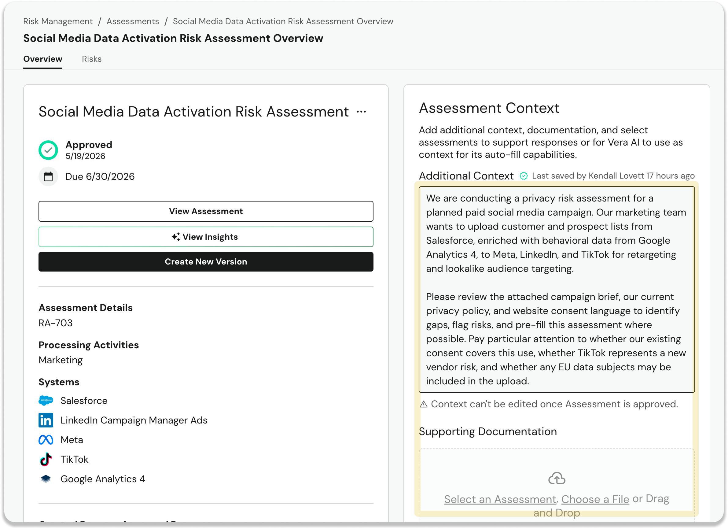 Assessment context | DataGrail Social Media Data Activation Risk Assessment Overview dashboard with panels for assessment details and context