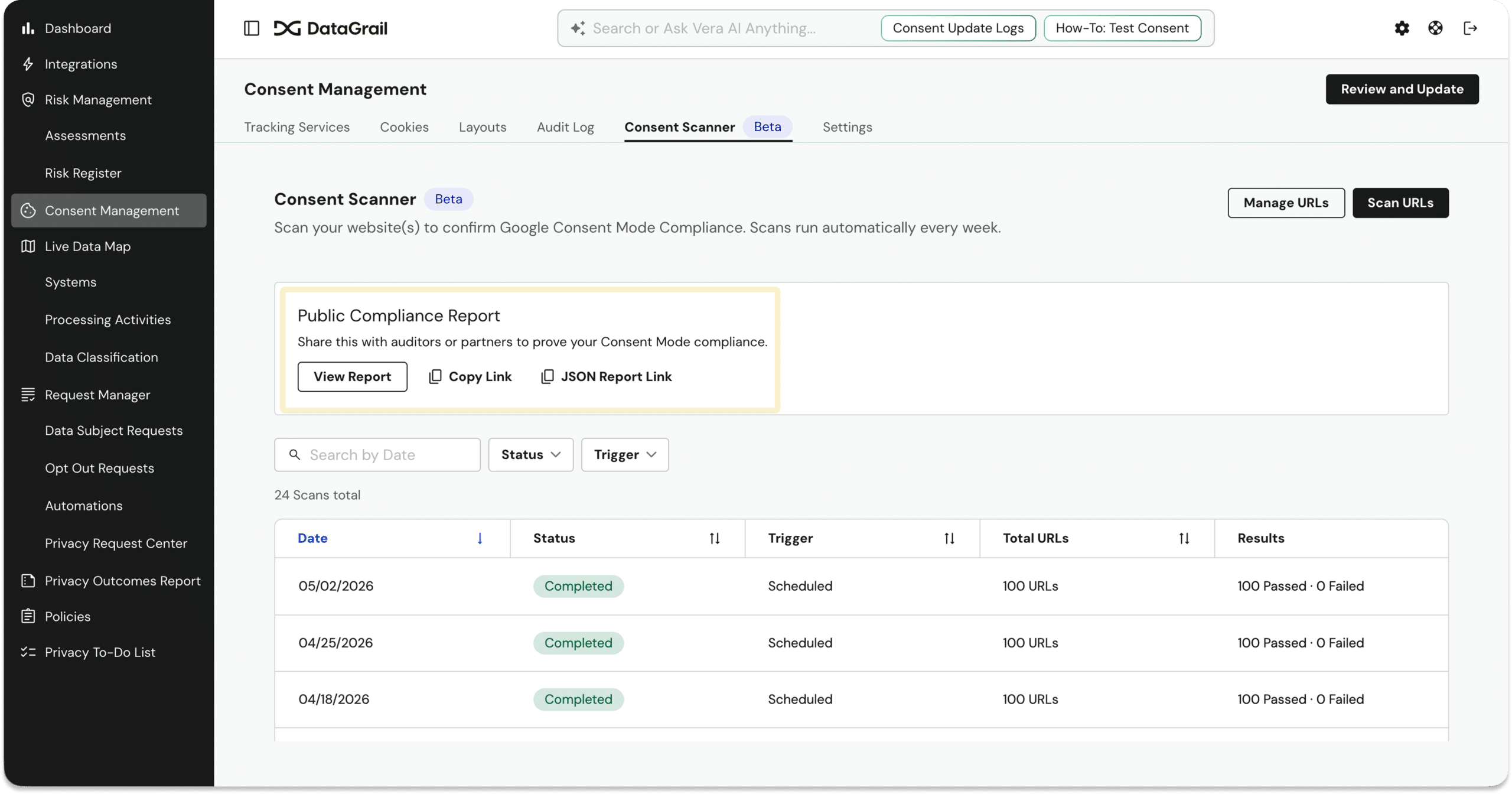 Group 2 | DataGrail DataGrail Consent Management dashboard with left navigation, top bar, and a highlighted Consent Scanner section.