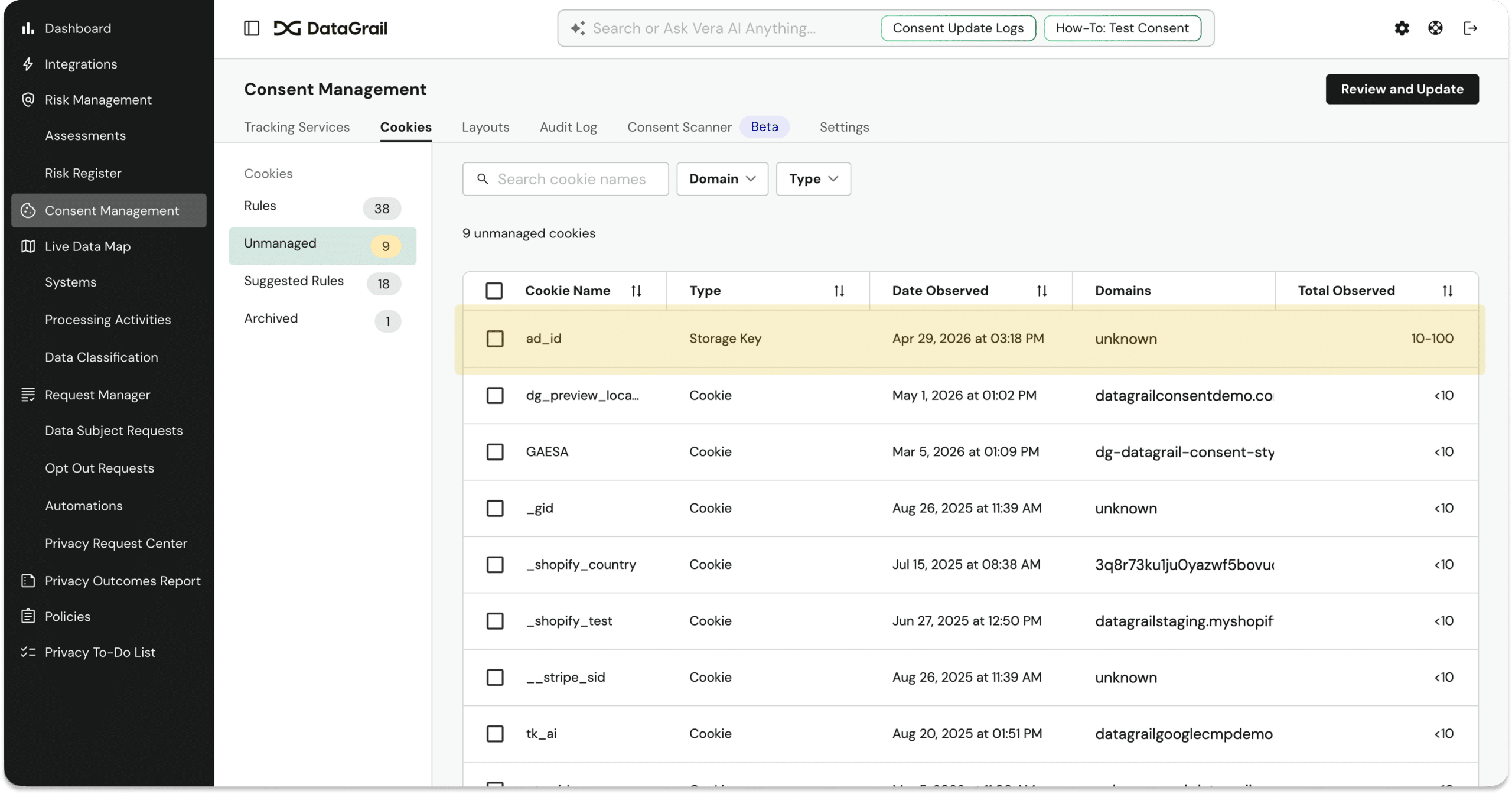 Group 3 | DataGrail Consent Management dashboard showing a Cookies tab with a list of cookies and their details in a table on the DataGrail UI