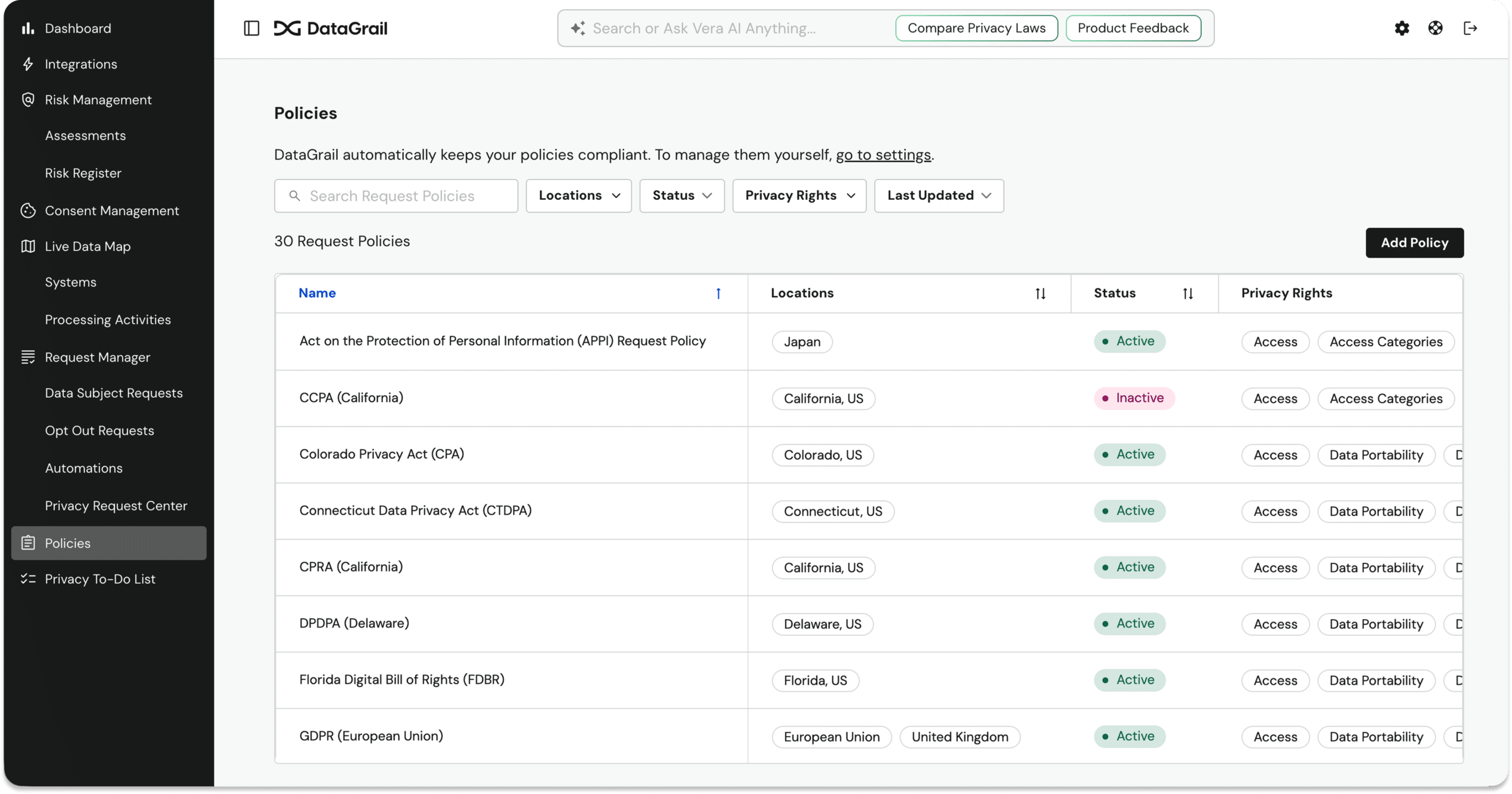 Screenshot 2026-05-06 at 114818 AM 1 | DataGrail DataGrail policy dashboard showing a list of privacy policies with statuses and location tags on a right pane and a dark left navigation bar.