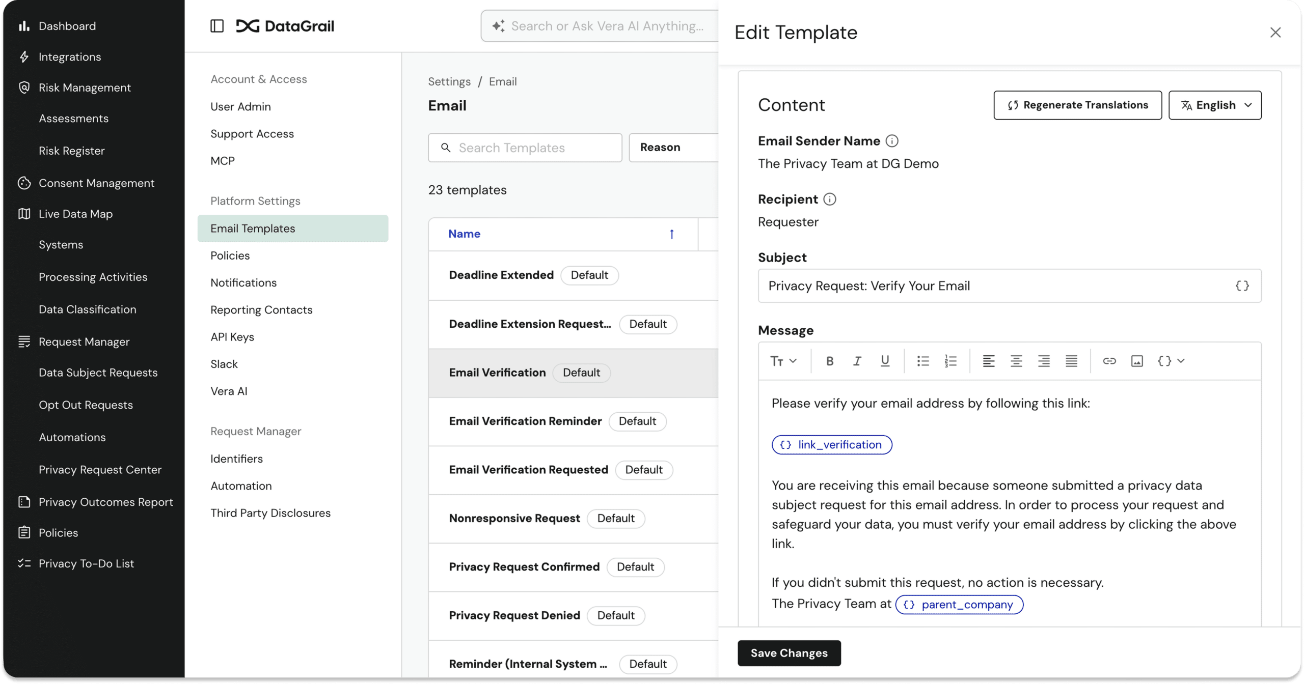 Screenshot 2026-05-06 at 122550 PM 1 | DataGrail DataGrail admin dashboard showing Email Templates settings with a right-side Edit Template panel for a privacy email.
