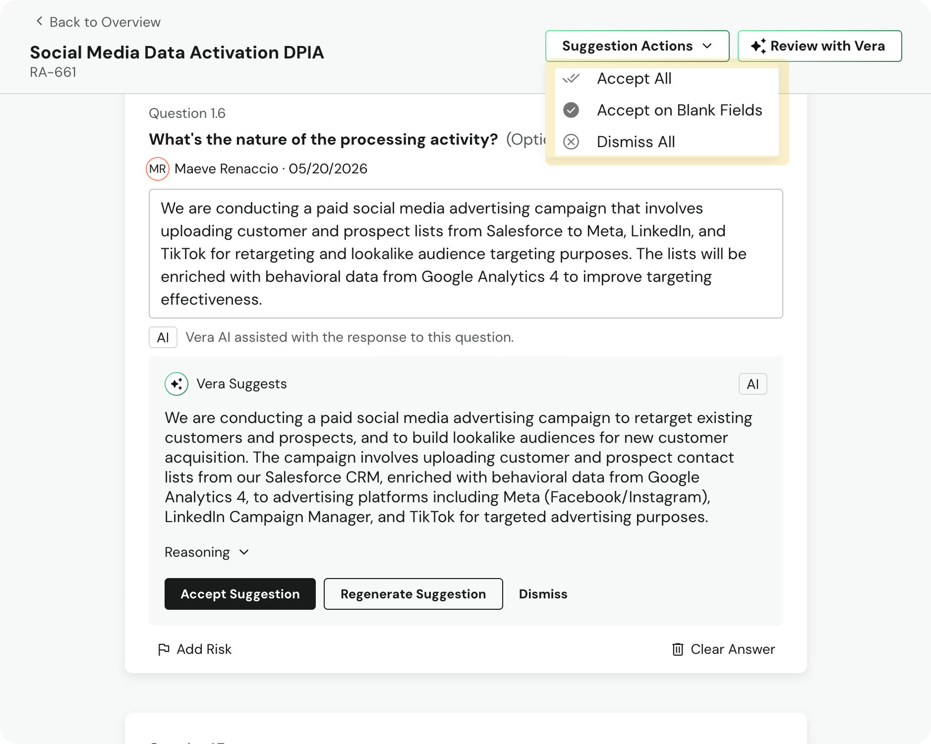 Slide 4 - oversight | DataGrail UI screenshot of a DPIA review page titled 'Social Media Data Activation DPIA' with an open Suggestion Actions menu (Accept All, Accept on Blank Fields, Dismiss All) and a question card detailing a paid social media advertising activity, plus action buttons like 'Accept Suggestion' and 'Regenerate Suggestion'.
