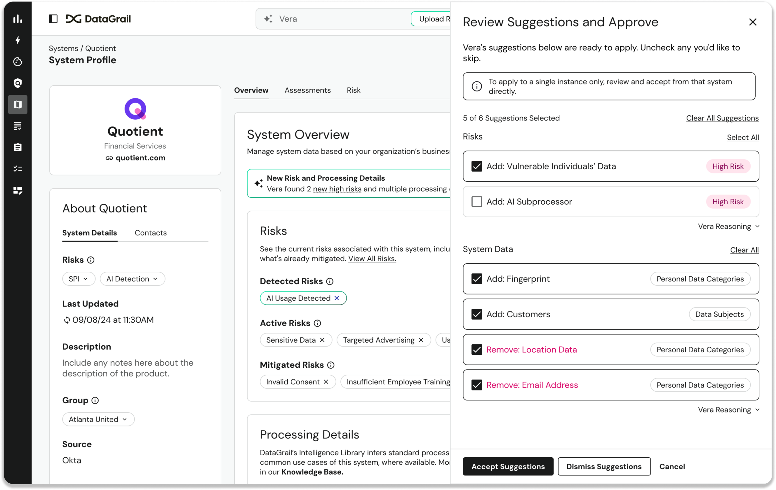Slide 5 - integrated risk insights 1 | DataGrail DataGrail dashboard showing a left navigation rail, a Quotient system card, a central System Overview with a highlighted new risk, and a right-side panel titled 'Review Suggestions and Approve' listing high-risk items to accept or dismiss.