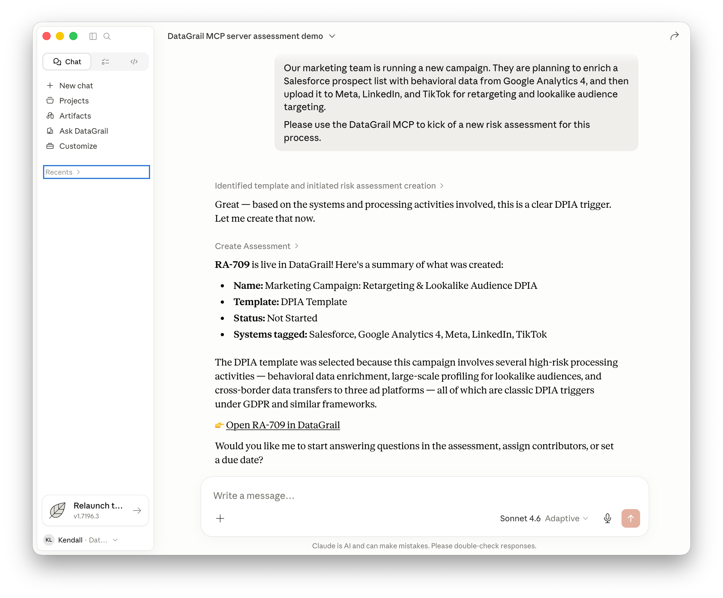 Slide 6 - Claude MCP | DataGrail Screenshot of a chat workspace with a left navigation panel and a main feed showing a DataGrail MCP demo message about risk assessment, including RA-709 details.