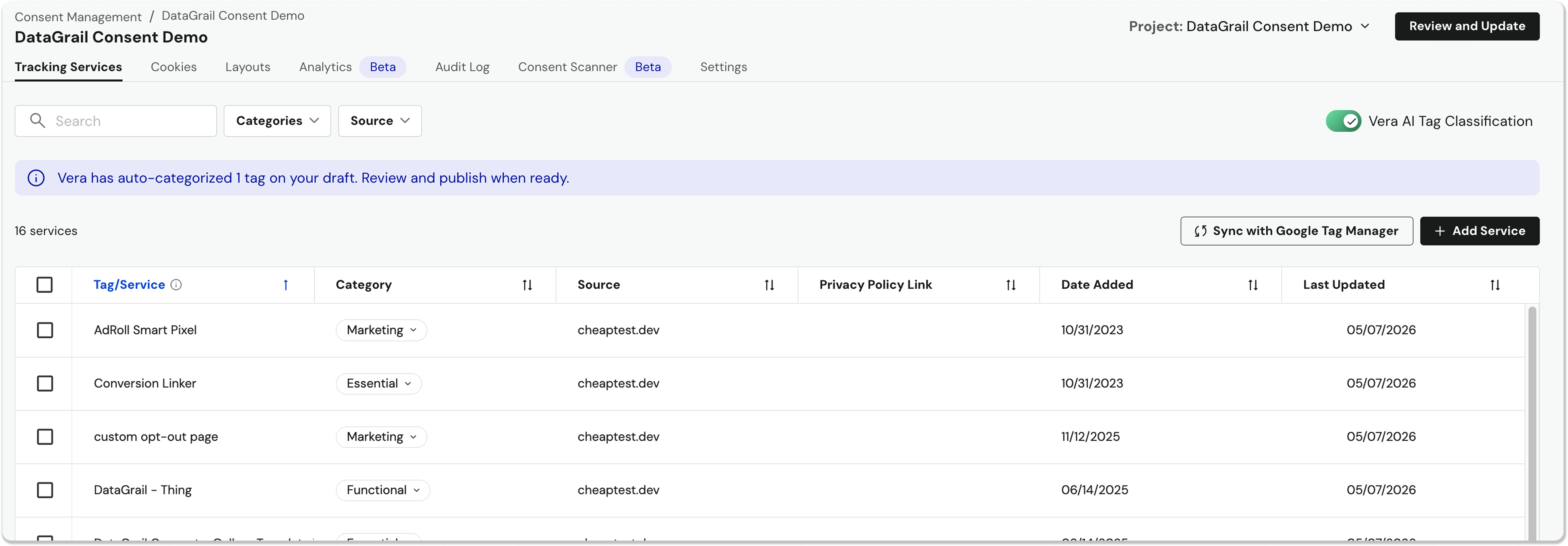 image 1 | DataGrail DataGrail Consent Demo dashboard with a list of tracking services and category, source, dates in a table view (Tracking Services tab).