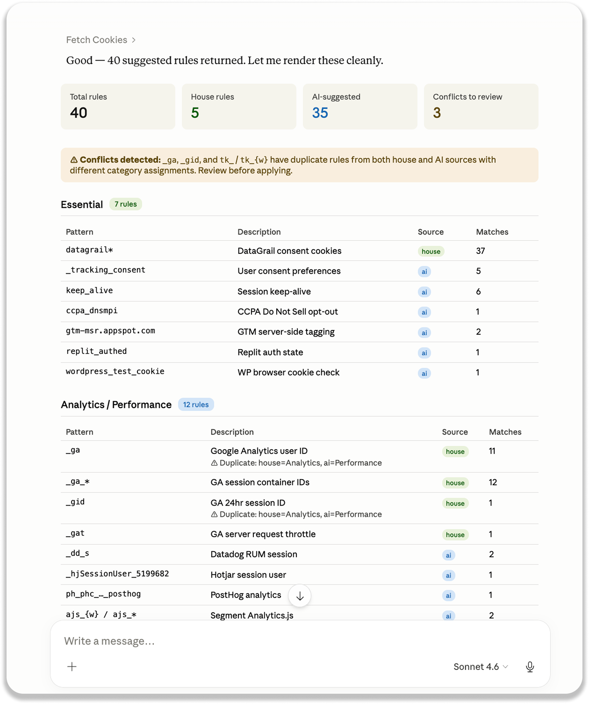 image1 1 | DataGrail Dashboard with cookie rules summary: 40 total rules, 5 house rules, 35 AI-suggested, 3 conflicts; includes a conflicts warning and a rules table.