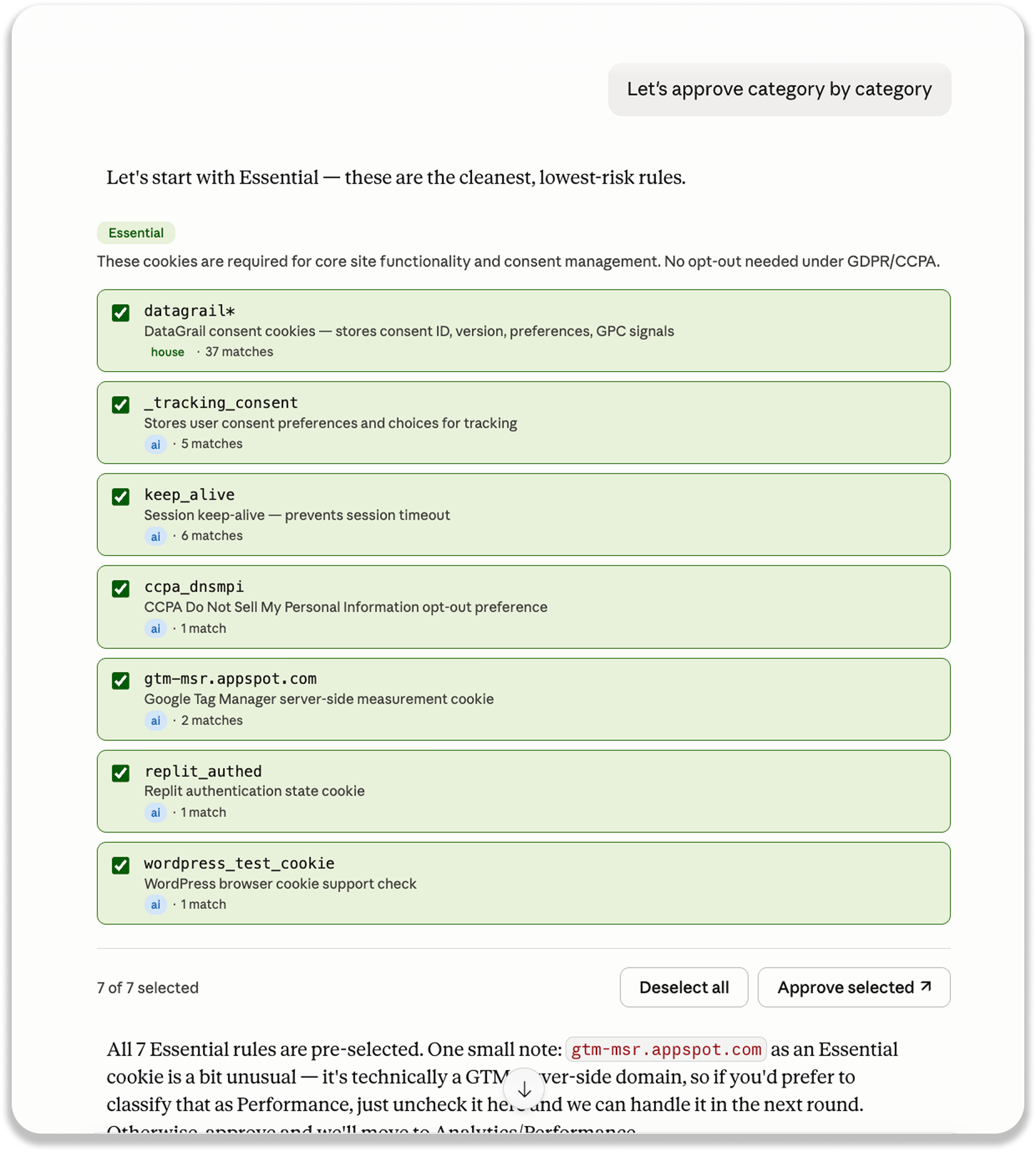 image2 1 | DataGrail Screenshot of a cookie consent panel showing the 'Essential' category and a list of green boxed cookie rules (datagrail, _tracking_consent, etc.). The top-right shows 'Let's approve category by category' button.