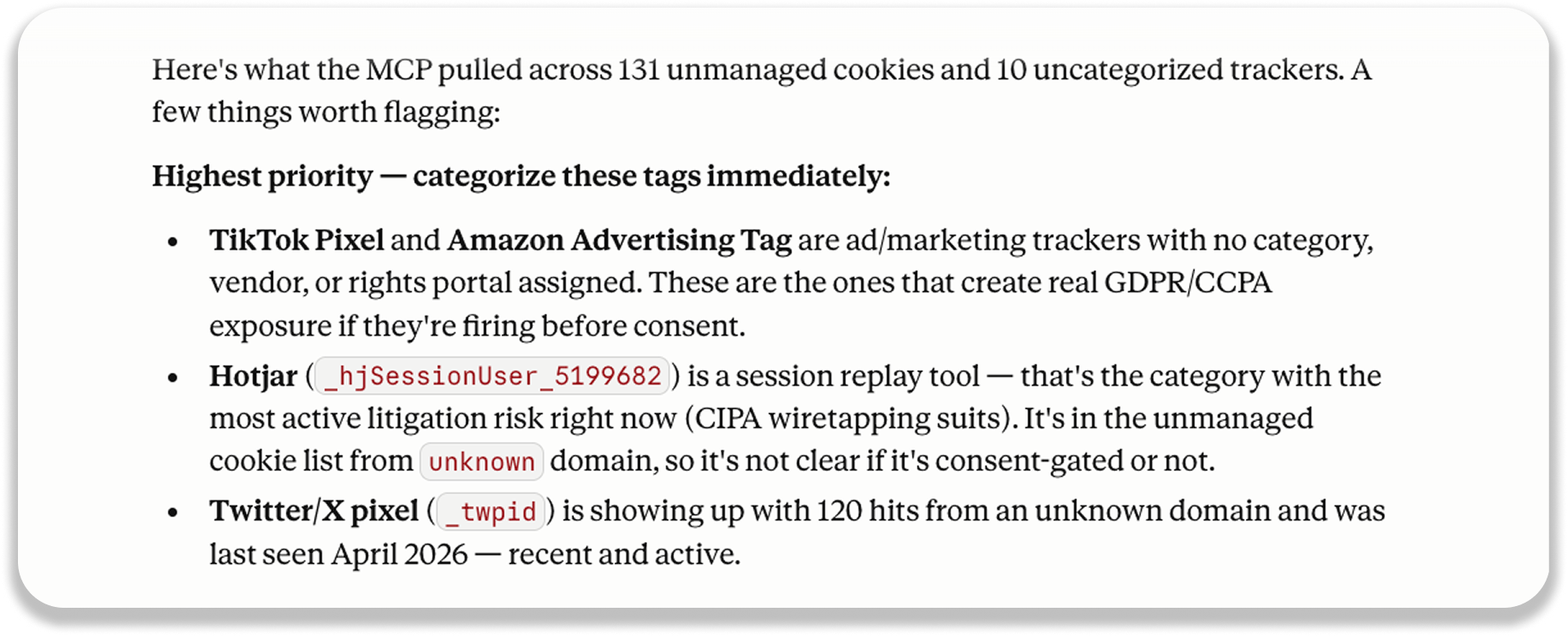 image5 1 | DataGrail Slide listing 131 unmanaged cookies; key trackers are TikTok Pixel, Amazon Advertising Tag, Hotjar, and Twitter/X pixel with consent concerns.