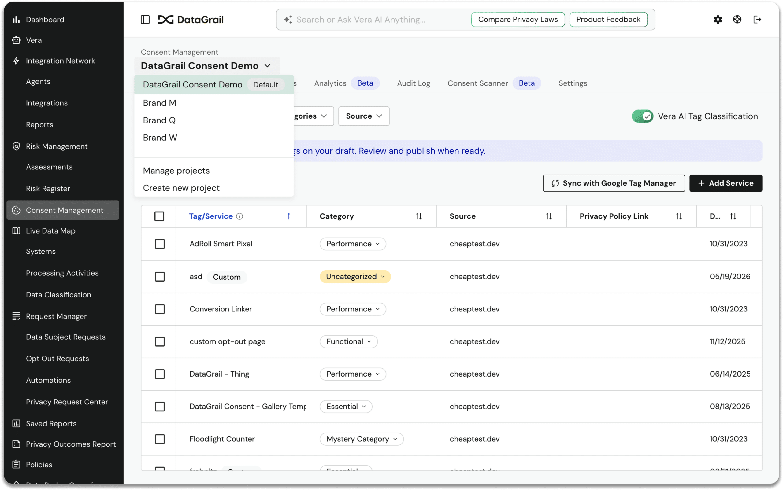 Group 10 | DataGrail DataGrail Consent Management dashboard: left dark navigation panel with menu items, and a light main area showing a table of consent items with columns like Tag/Service, Category, Source, and dates.