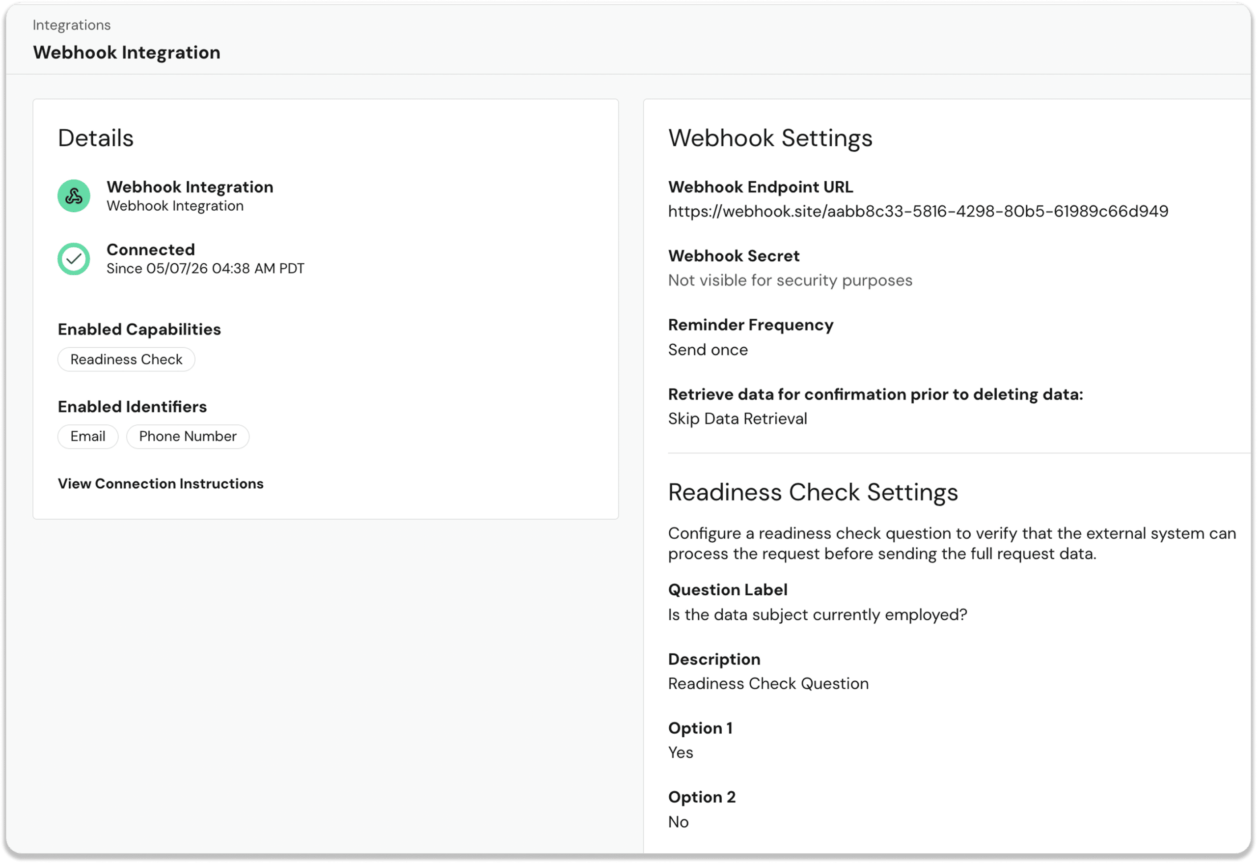 Group 11 | DataGrail UI screenshot of Webhook Integration settings page with Details on the left and Webhook Settings on the right, showing endpoint URL, secret, and reminder options.