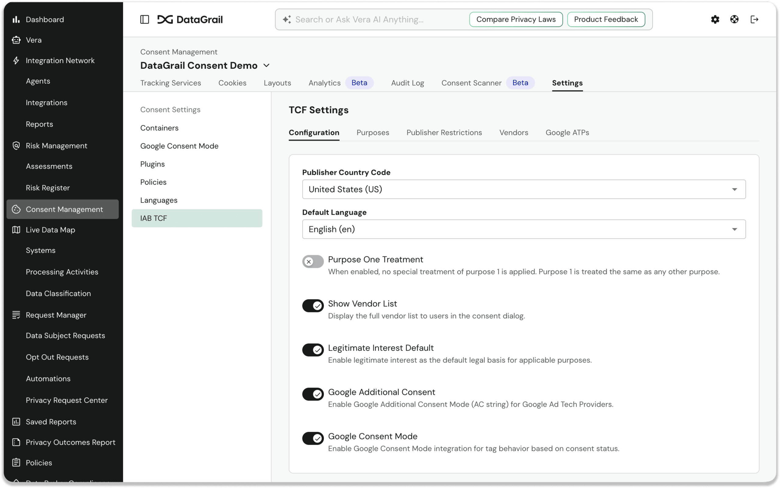 Screenshot 2026-06-10 at 112942 PM 1 | DataGrail DataGrail consent management dashboard with left navigation and TCF settings panel showing Publisher Country and Default Language.