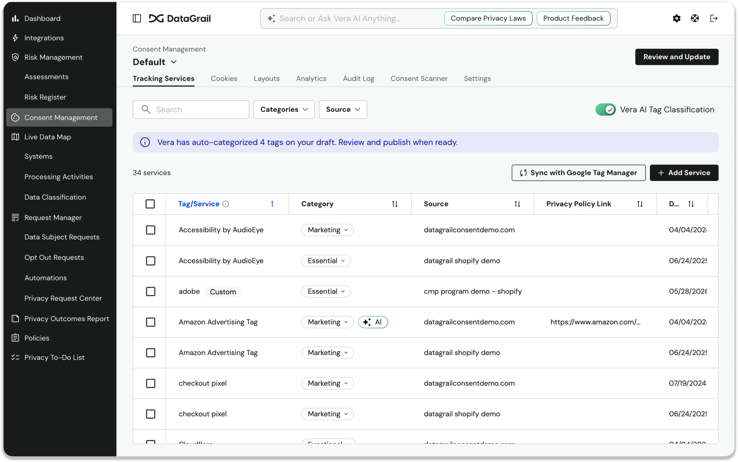 Screenshot 2026-06-10 at 113151 PM 1 | DataGrail DataGrail Consent Management dashboard: left navigation, top controls, and a searchable table of tags/services with categories and sources.