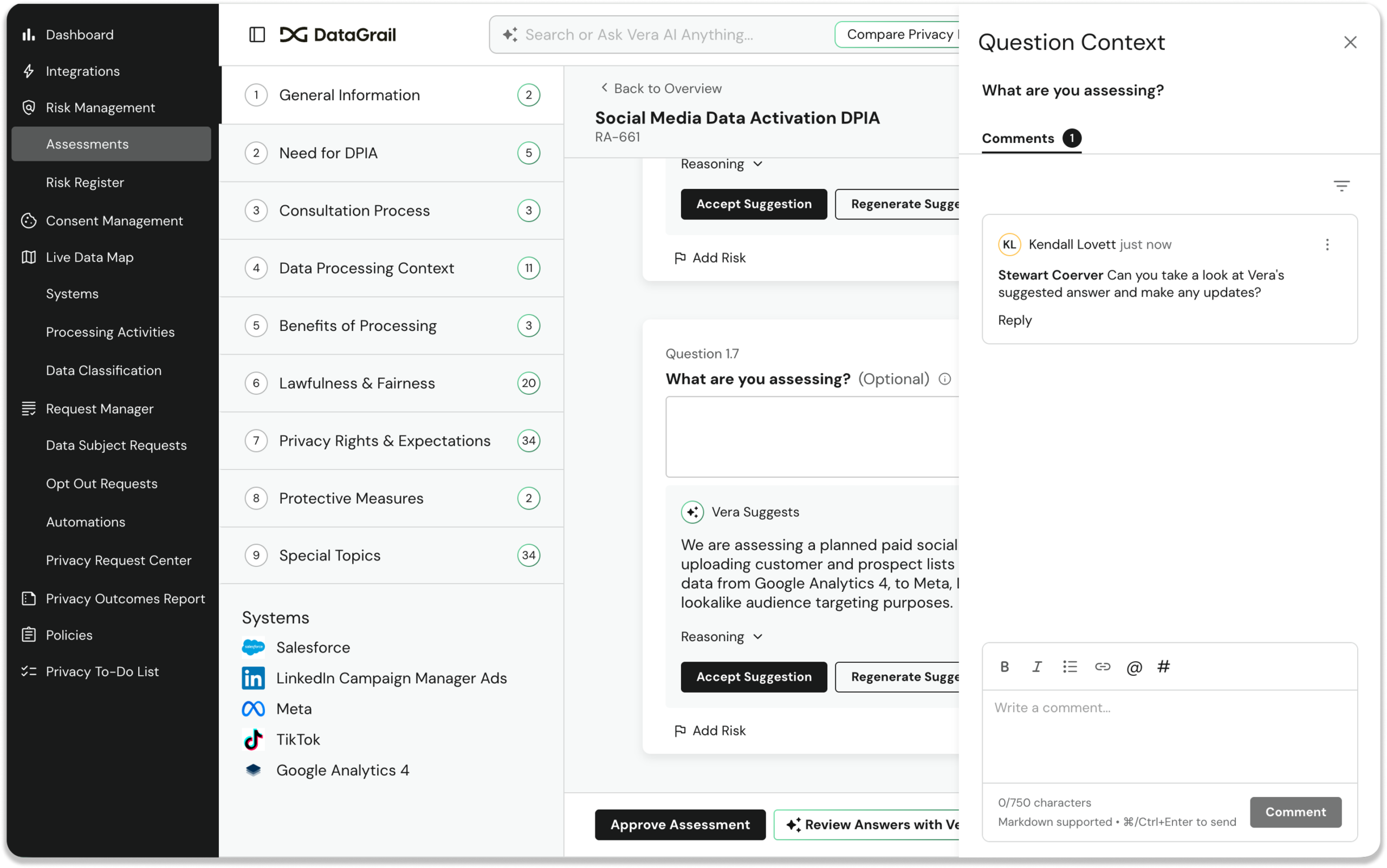 Screenshot 2026-06-10 at 114103 PM 1 | DataGrail DataGrail UI screenshot showing left navigation menu, a list of assessments, and a right-side question context panel.