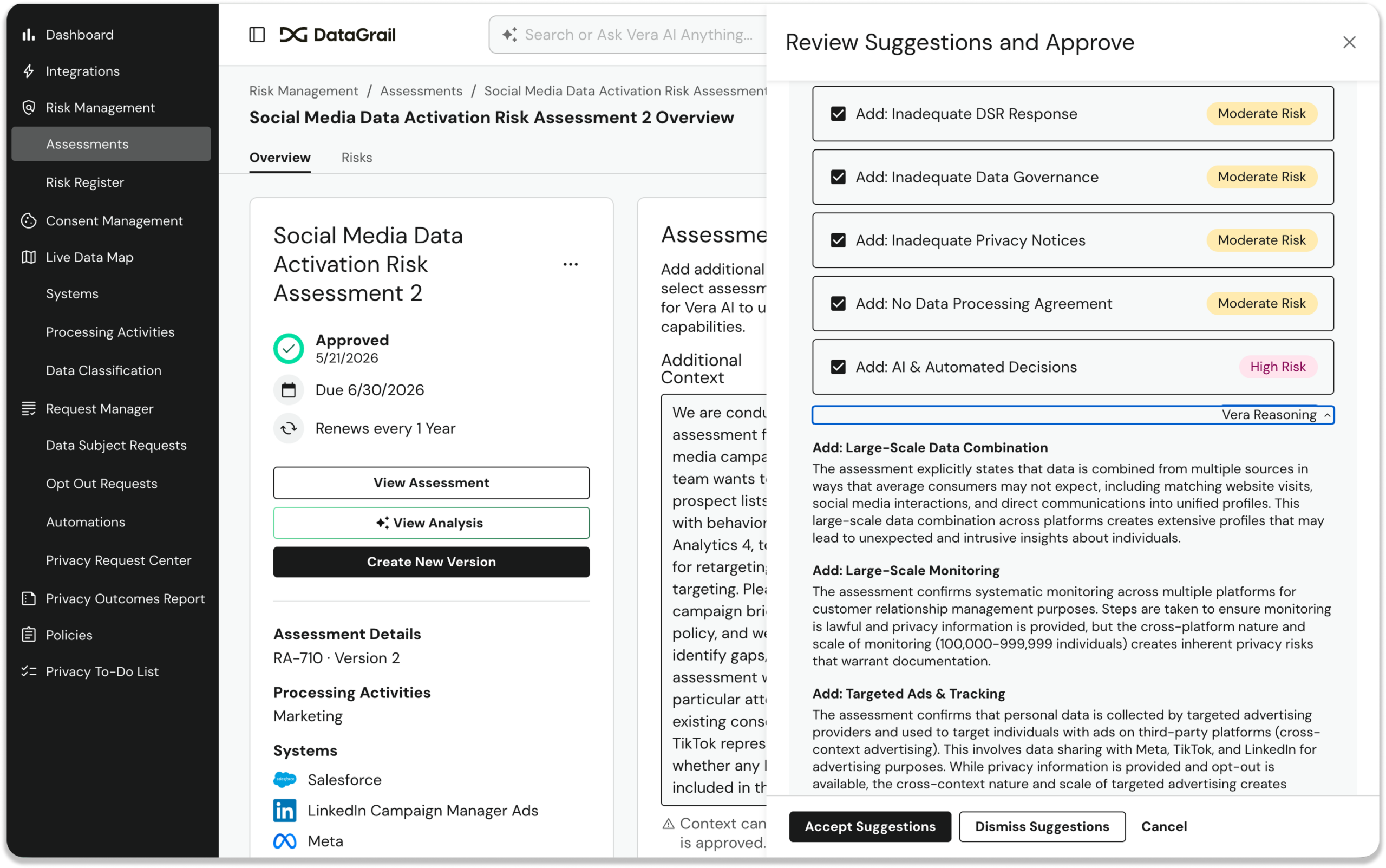 Screenshot 2026-06-10 at 114135 PM 1 | DataGrail DataGrail risk assessment dashboard with a right-side 'Review Suggestions and Approve' panel listing several Moderate/High Risk items.