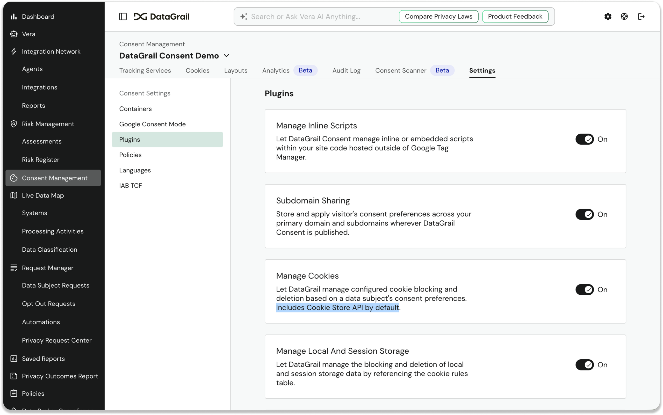 Screenshot 2026-06-11 at 121318 AM 1 | DataGrail Consent Management dashboard showing Plugins section with On toggles and a left navigation menu in DataGrail UI