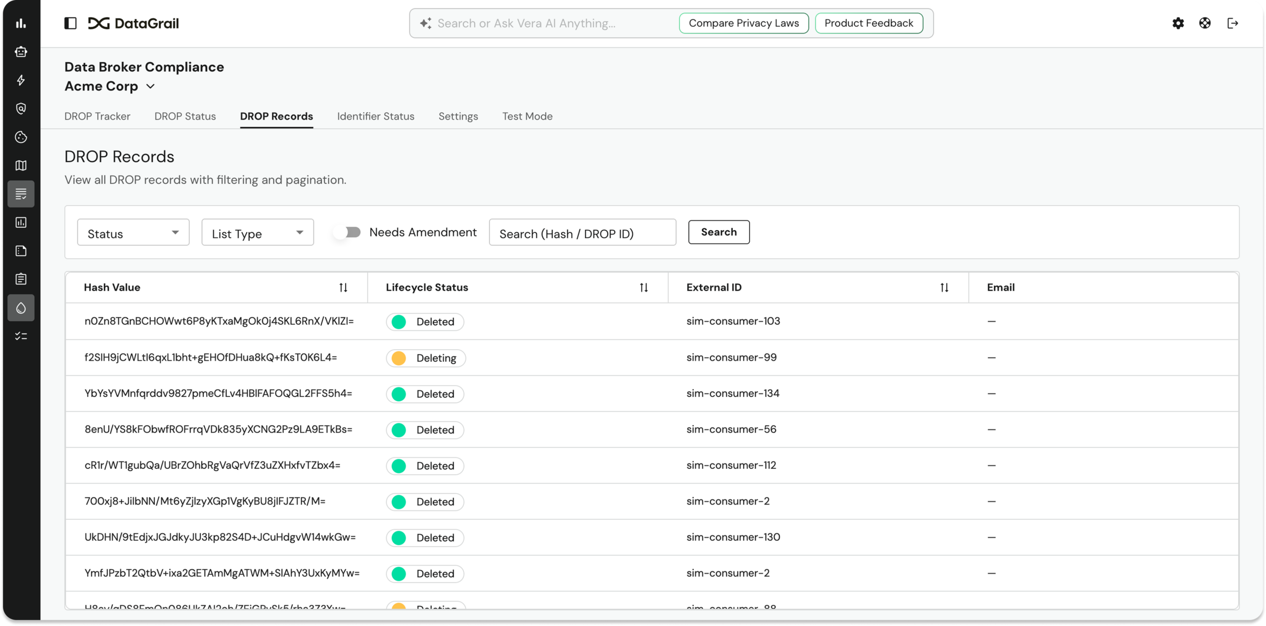 Screenshot 2026-06-23 at 55841 PM 2 | DataGrail DataGrail Data Broker Compliance DRO Records page with filter controls and a table of records showing hashed IDs and lifecycle status.