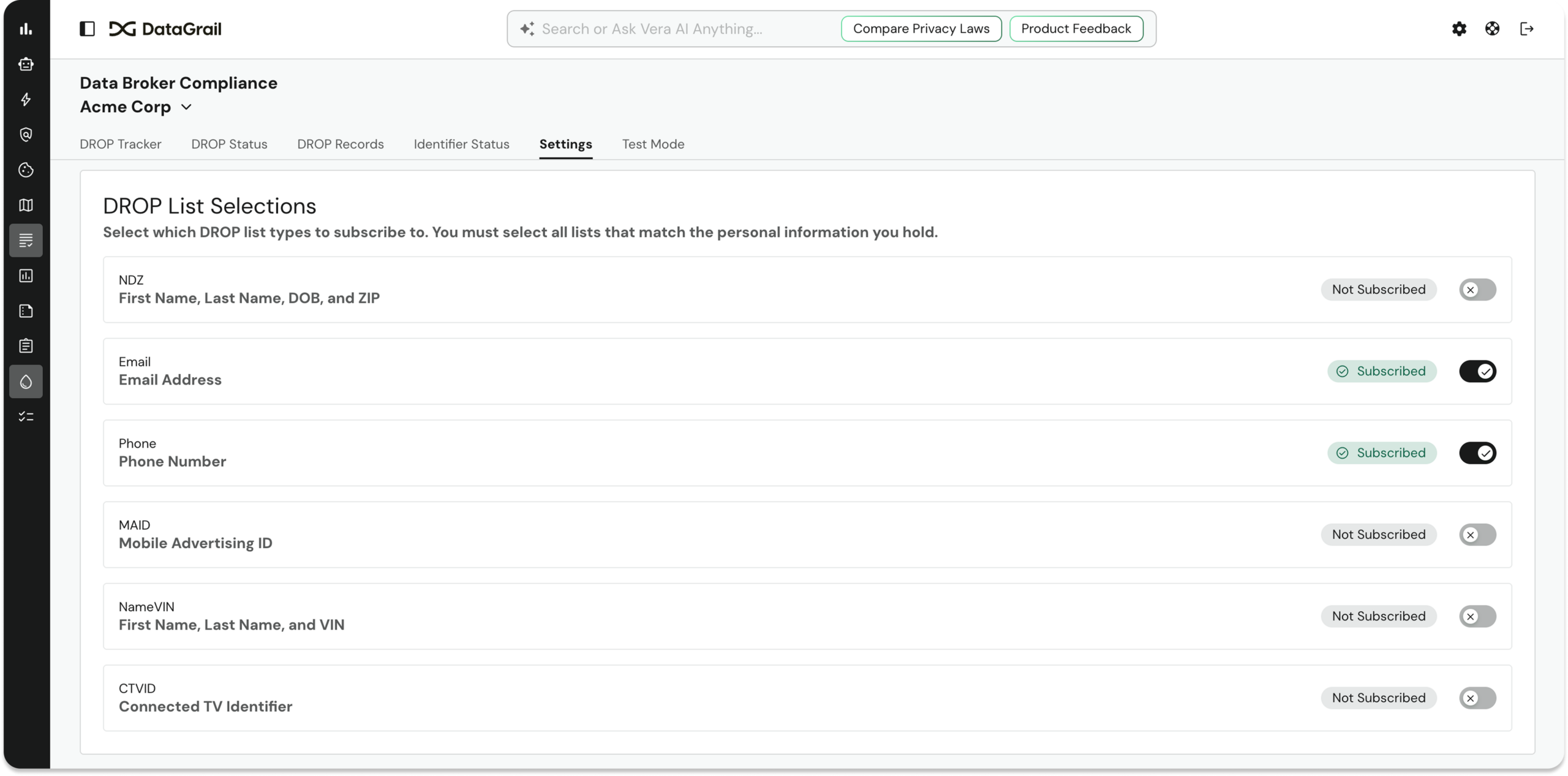 Screenshot 2026-06-23 at 55926 PM 1 | DataGrail DataGrail Settings: DROP List Selections panel with lists (Email, Phone, MAID, VIN, etc.) and subscription badges (Subscribed / Not Subscribed).