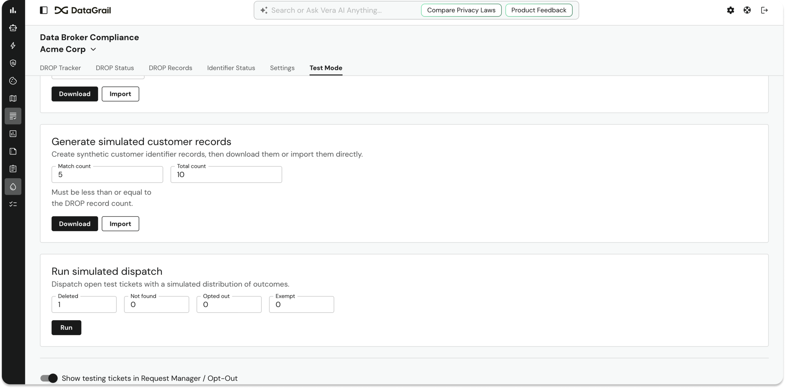 Screenshot 2026-06-23 at 60003 PM 1 | DataGrail DataGrail Data Broker Compliance UI showing Generate simulated customer records with match and total counts and Download/Import buttons