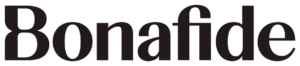 Bonafde logo: large burgundy serif wordmark on a black background