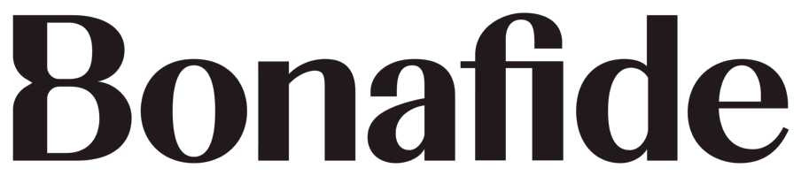 Bonafde logo: large burgundy serif wordmark on a black background