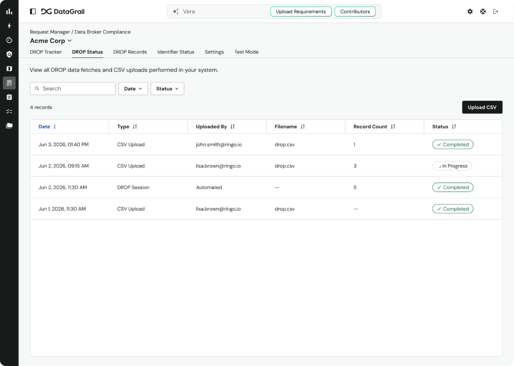 drop image 1 | DataGrail DataGrail Drop Status page showing a table of uploads: columns Date, Type, Uploaded By, Filename, Record Count, Status with four records (Completed, In Progress).