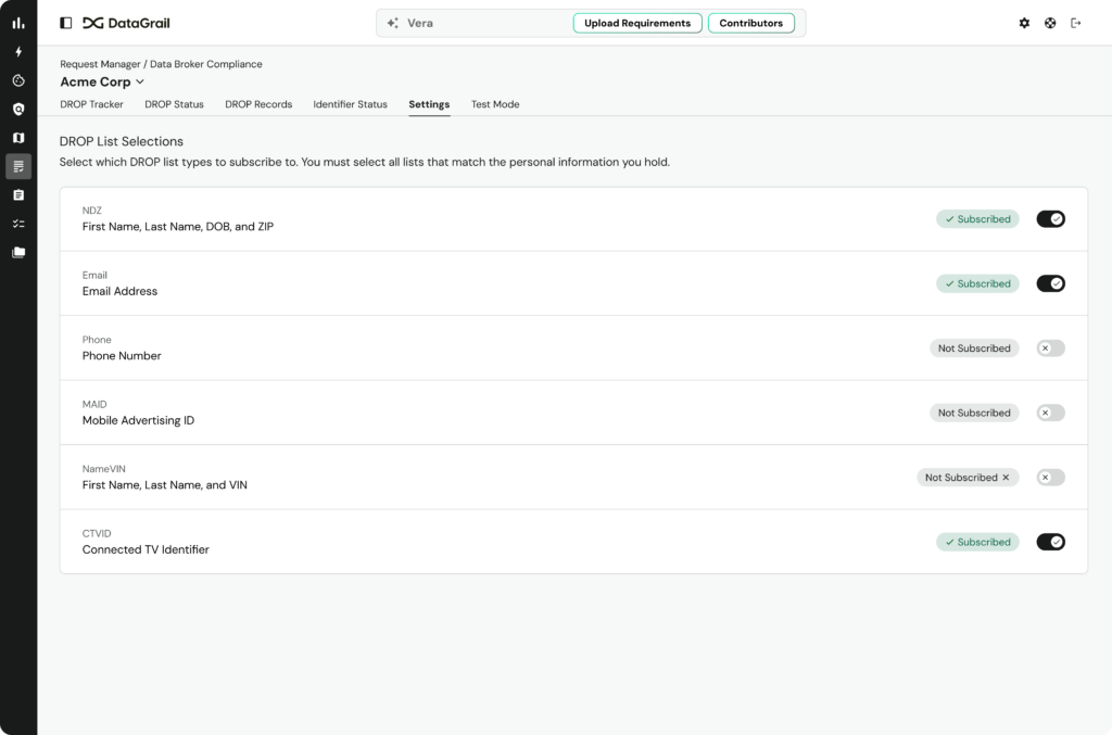 drop image2 | DataGrail Screenshot of DROP module statuses