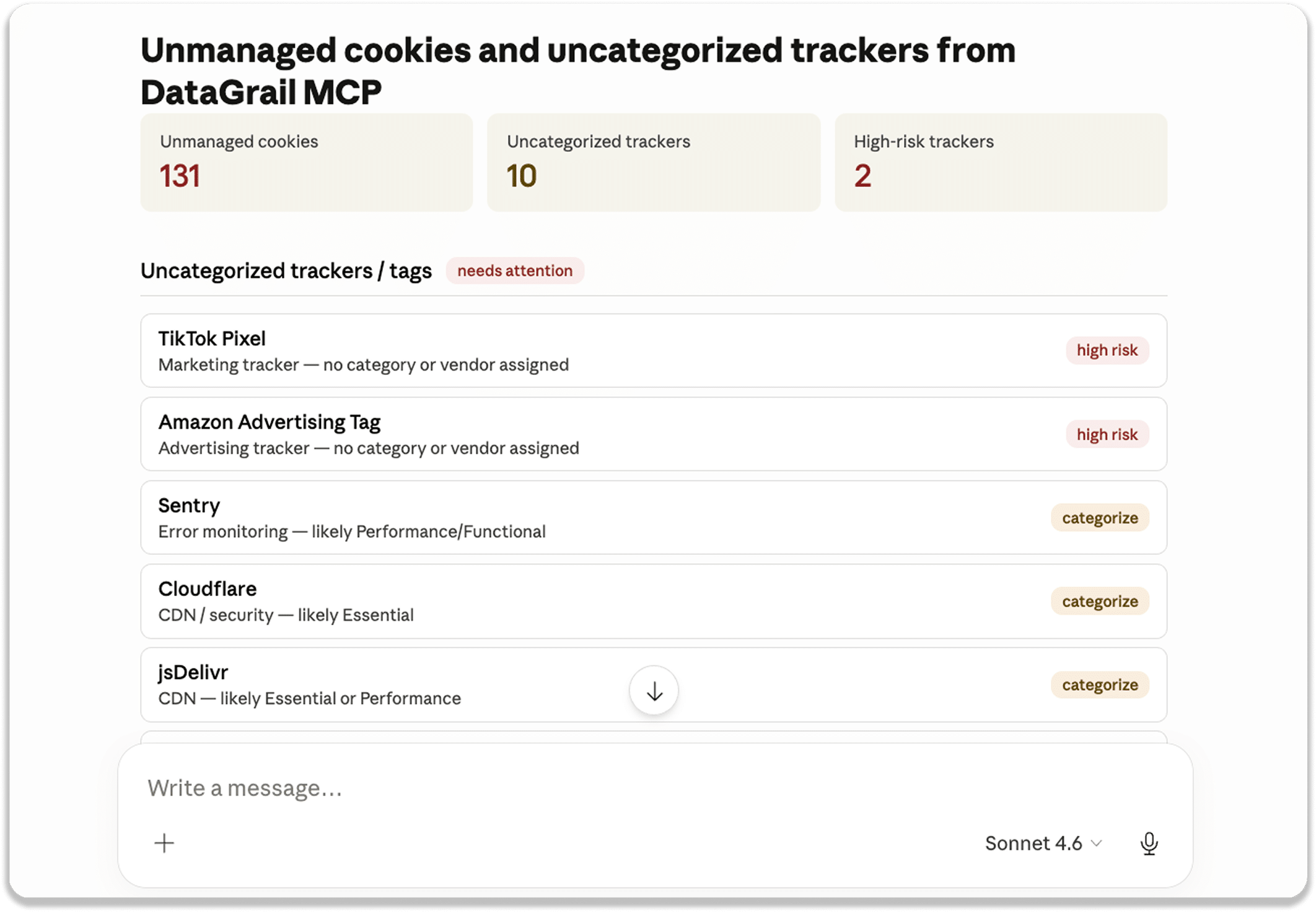 image3 1 | DataGrail Dashboard showing cookies and trackers; 131 unmanaged cookies, 10 uncategorized trackers, 2 high‑risk trackers (DataGrail MCP).
