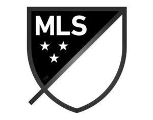 Major League Soccer (MLS) shield logo treated in black on the left with stars and a diagonal line across the shield