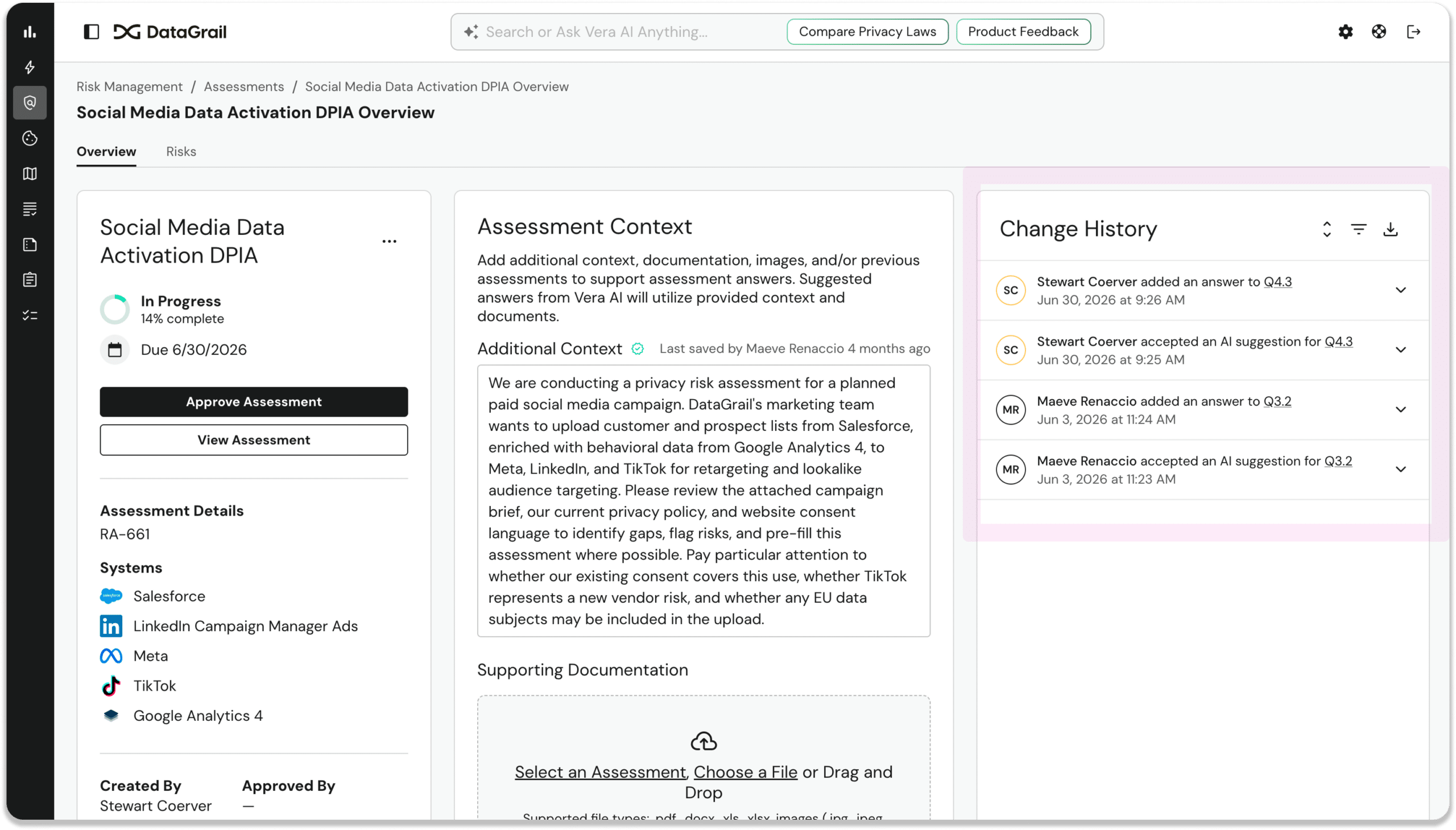 Assessments history | DataGrail Dashboard screenshot showing Social Media Data Activation DPIA Overview with three panels: left panel status, middle assessment context, right change history