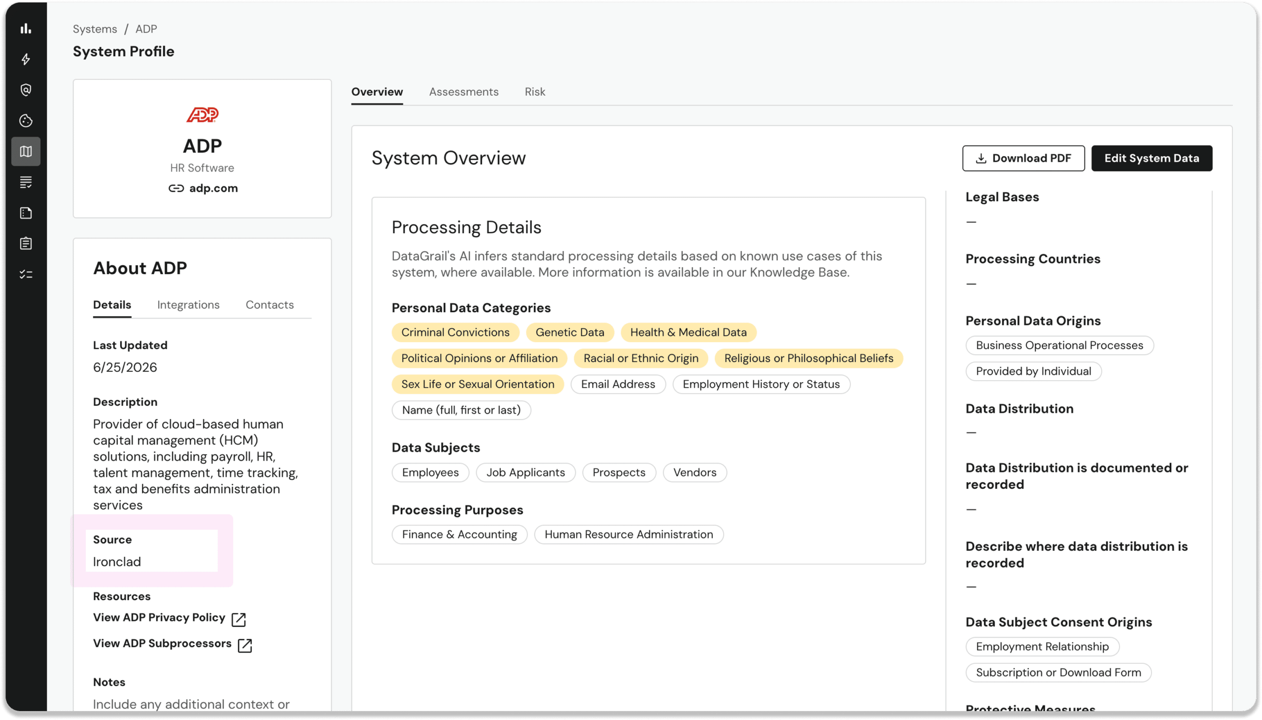 Ironclad System Details | DataGrail System Profile dashboard showing ADP system overview with tabs (Overview, Assessments, Risk) and a left sidebar navigation panel.