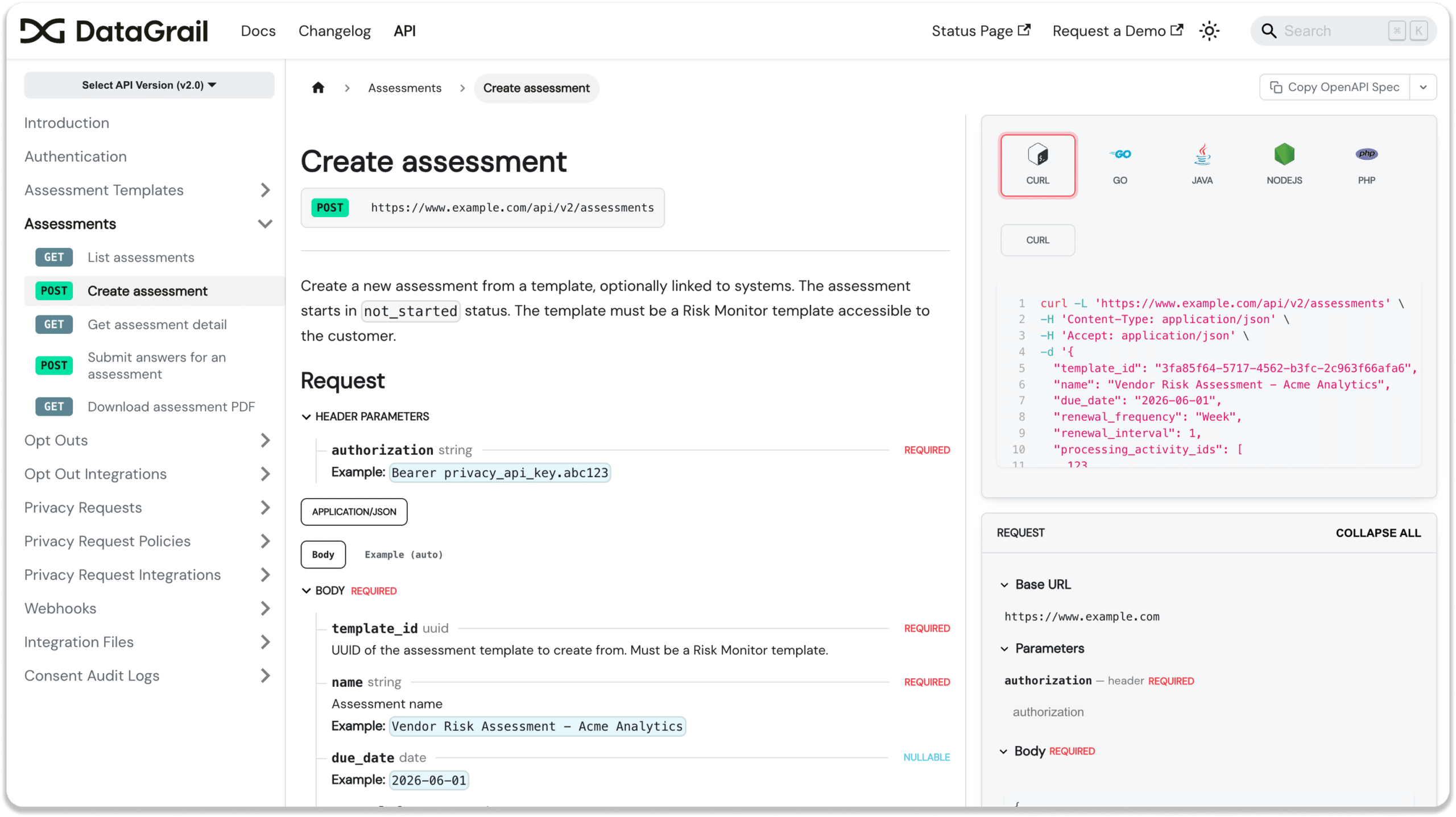 Screenshot 2026-07-07 at 32730 PM 1 | DataGrail DataGrail API documentation page showing the Create assessment endpoint with a POST request example and a cURL code snippet, left navigation menu, and a sample JSON body in the code panel.