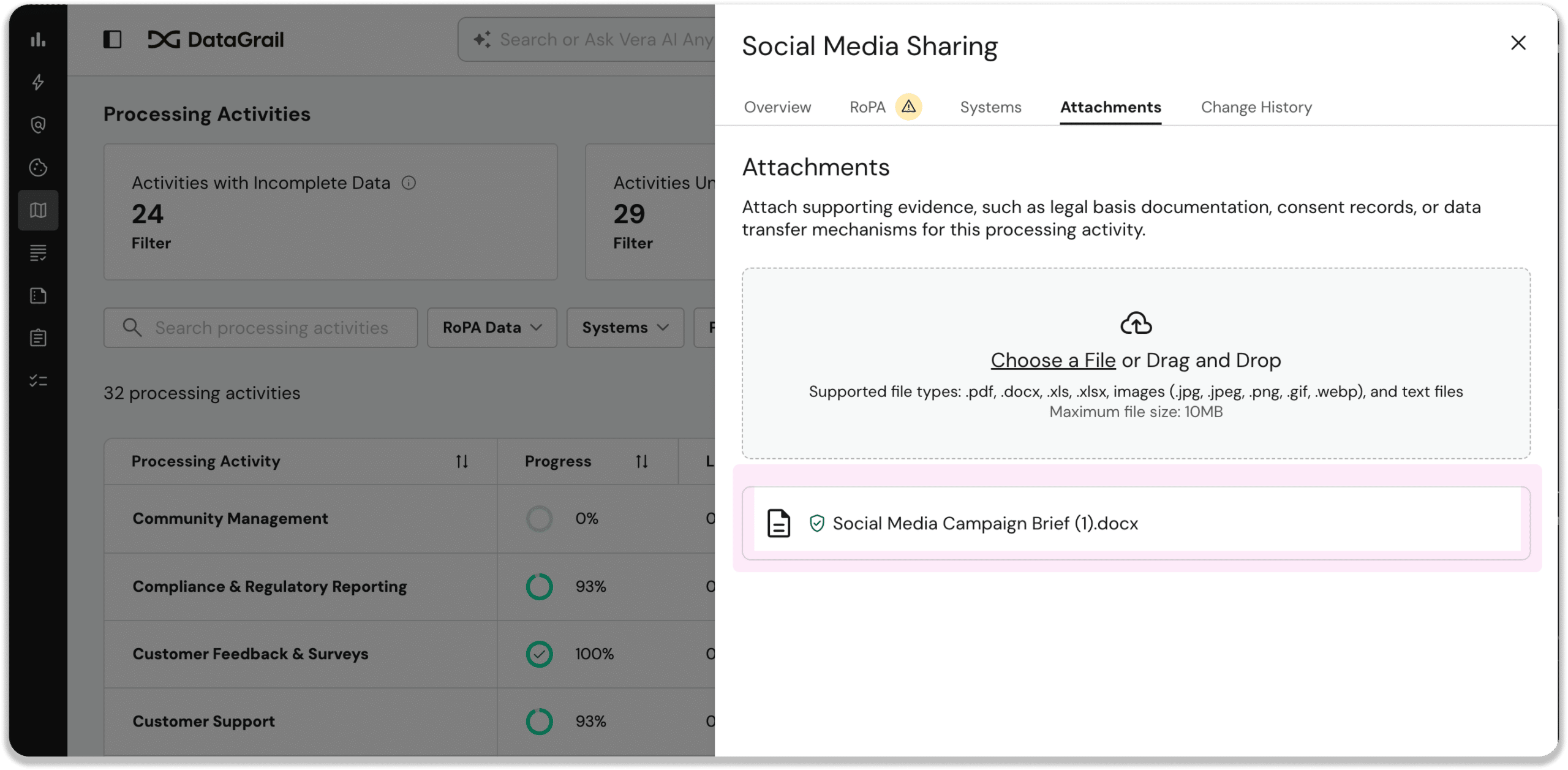 Group 14 | DataGrail Modal titled 'Social Media Sharing' with Attachments tab open; drag-and-drop upload area and a DOCX file named 'Social Media Campaign Brief (1).docx' ready to attach.