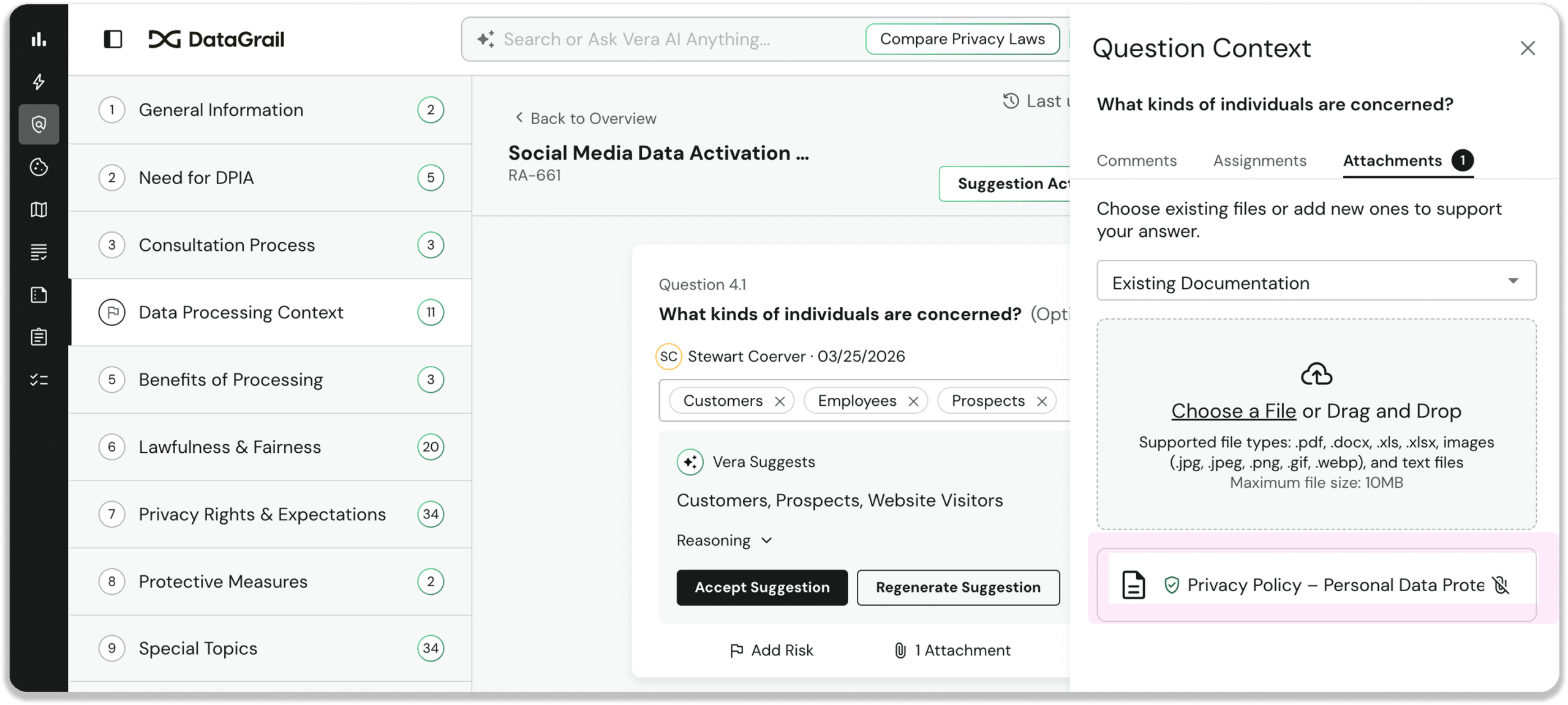 Group 16 | DataGrail Screenshot of a DataGrail interface showing a question context panel on the right and a list of sections on the left (General Information, Need for DPIA, etc.).