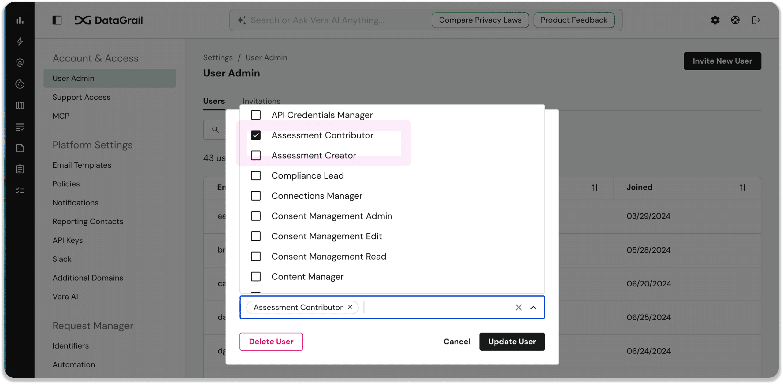 Group 17 | DataGrail Modal window for editing a user's roles; 'Assessment Contributor' is checked, with other roles like 'Assessment Creator' and 'Compliance Lead' listed; action buttons include Cancel and Update User.